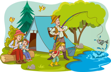 Obraz na płótnie Canvas vector illustration of family camping and fishing