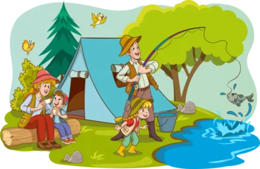Fotobehang vector illustration of family camping and fishing © serkan