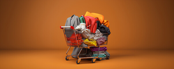 shopping cart full of clothes on a brown background. Place for text, copy space. Concept for web banner, design, clothing store, sale, black friday
