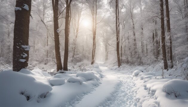 A serene, snow-covered forest with a trail leading into the wilderness, offering an open area for an inspirational quote. - Powered by Adobe