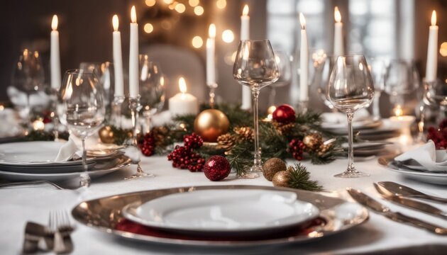 An image of a festive holiday dinner with elegant table settings and blank place cards for customization beside each seat.