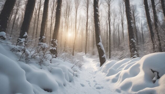 A serene, snow-covered forest with a trail leading into the wilderness, offering an open area for an inspirational quote.