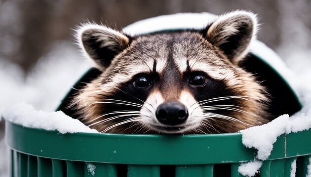 a curious raccoon peeking out of a snow-covered trash can, with a [Blank Space] for a comical caption.