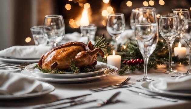 An image of a festive holiday dinner with elegant table settings and blank place cards for customization beside each seat