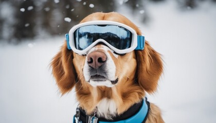 a lighthearted scene of a dog wearing ski goggles, ready for a snowy adventure, with [Blank Space] for a caption.