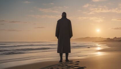 A tranquil beach at sunrise on New Year's Day, with a lone figure contemplating the horizon.