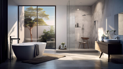  Bathroom with a freestanding tub and a large walk-in shower and floating shelves