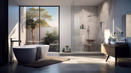 Fototapeta premium Bathroom with a freestanding tub and a large walk-in shower and floating shelves