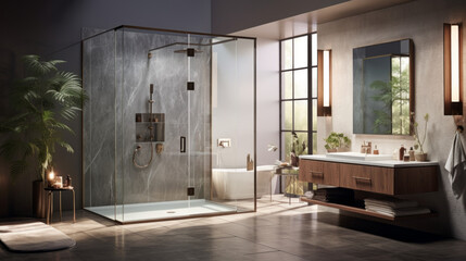  Bathroom with a freestanding tub and a large walk-in shower and floating shelves - obrazy, fototapety, plakaty