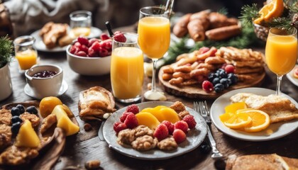 A joyful New Year's Day brunch scene with a table full of delicious breakfast foods and mimosas - obrazy, fototapety, plakaty