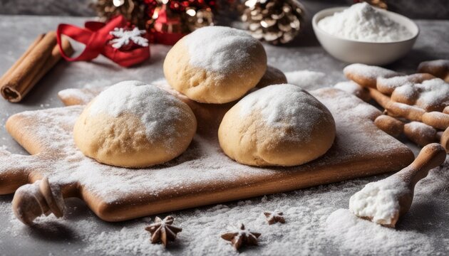 a picture of a holiday baking session with flour, dough, and festive [Blank Space] for recipe details or a message.