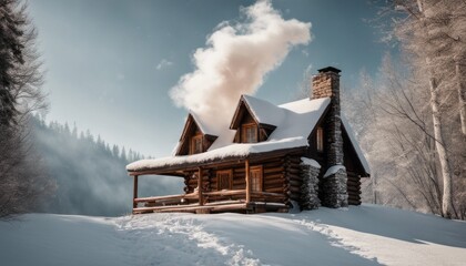 A cozy cabin in the woods with a snow-covered roof and smoke rising from the chimney.