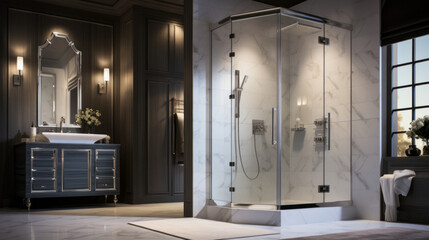 Bathroom with a glass shower enclosure and a heated floor and a built-in vanity