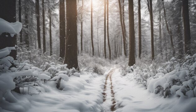 A serene, snow-covered forest with a trail leading into the wilderness, offering an open area for an inspirational quote.