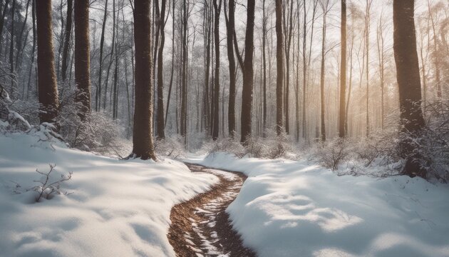 A serene, snow-covered forest with a trail leading into the wilderness, offering an open area for an inspirational quote.