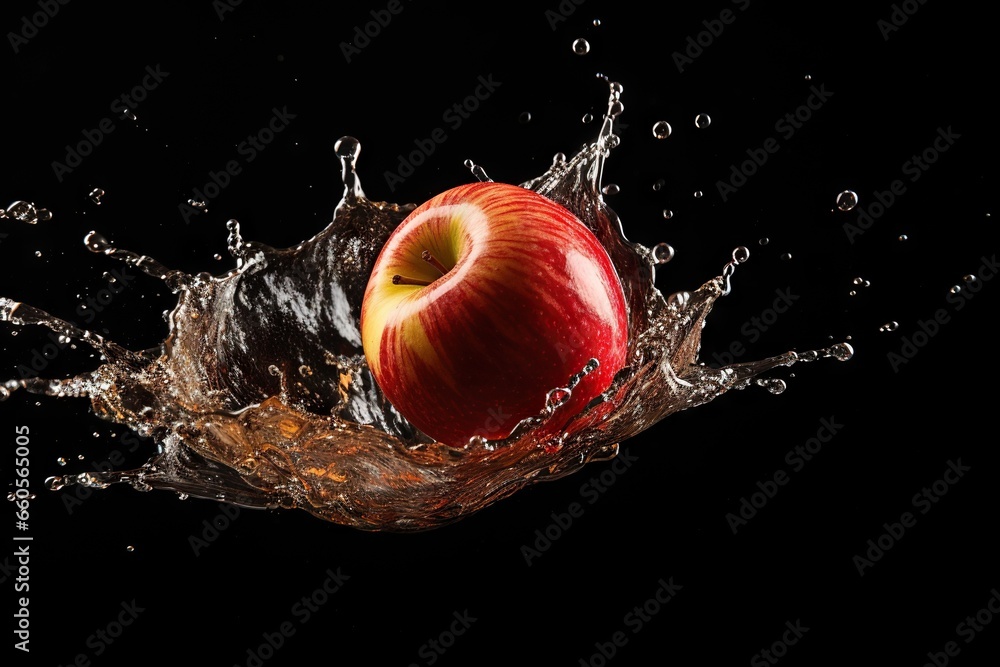 Aufkleber an apple is splashing into the water with its core. generative ai