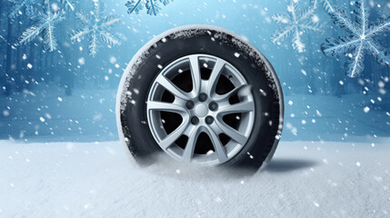 Car wheel with winter tires on a snowy background. Free space for product placement or advertising text.