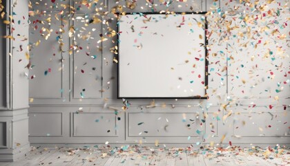 A New Year's Eve party with confetti falling and blank banners on the wall for inserting event details.
