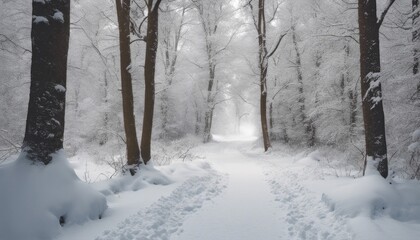 A snowy forest path with blank signposts along the trail, ideal for inserting motivational or holiday-themed text.