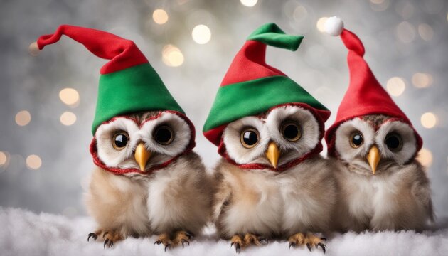 a whimsical image of a group of baby owls wearing elf hats, with [Blank Space] for adding holiday wishes.