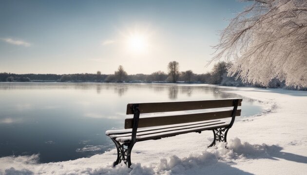 A snowy park bench overlooking a frozen lake, perfect for adding a 'Winter Peace' message below the bench. © Max