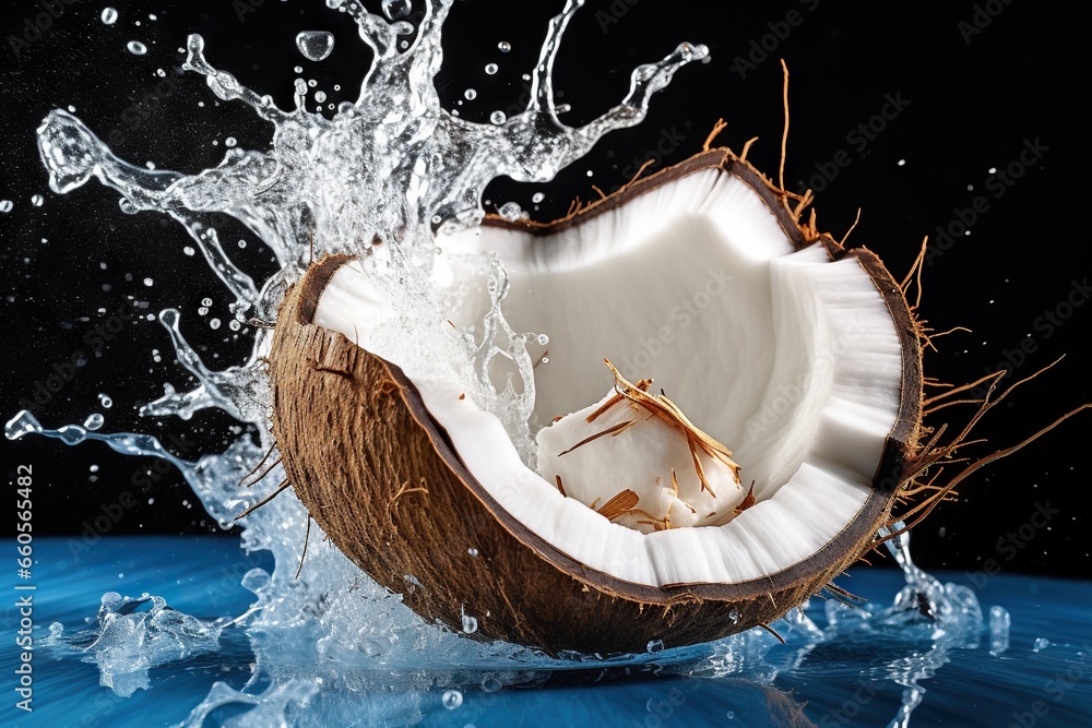 Aufkleber a coconut with a bite taken out of it with water splashing around it. generative ai
