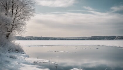 A serene winter landscape with a frozen lake and open sky space for an introspective quote or message.