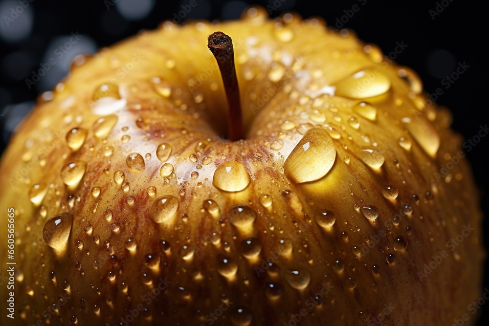 Poster an apple with water drops on it is shown in this image. generative ai
