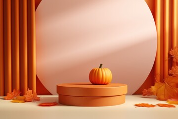 Obraz premium Autumn Theme Podium or Pedestal for Product Discount and Sale. Marketing and Brand Promotion Composition or Collage with Autumn Items