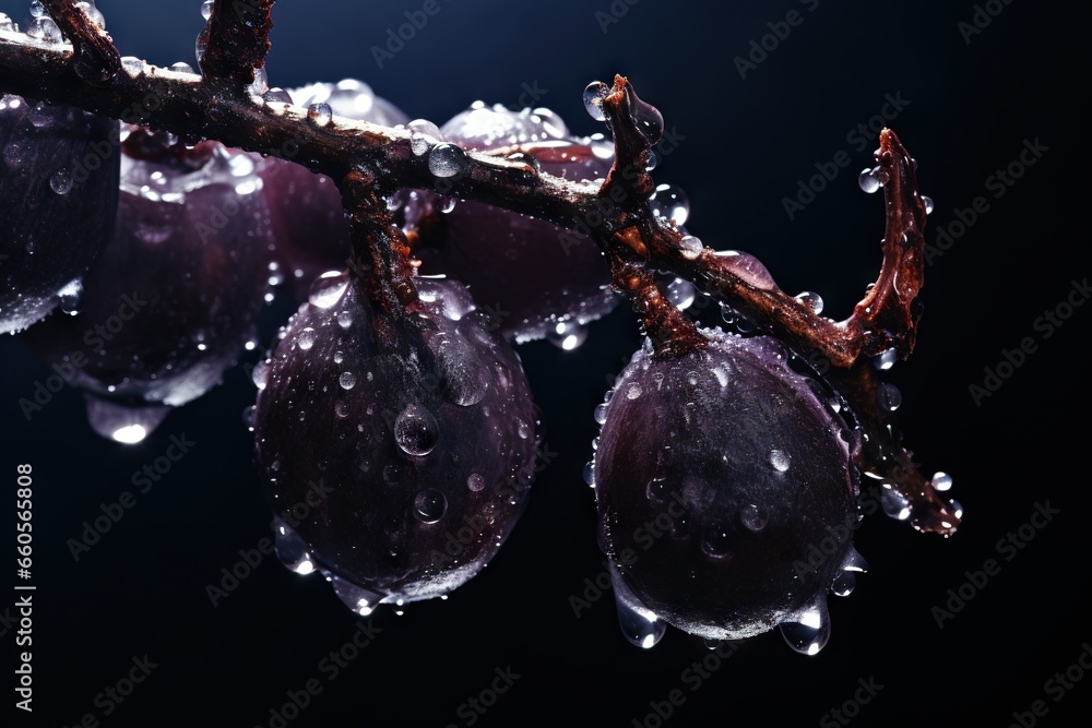Poster a close up of water droplets on a branch of a tree. generative ai