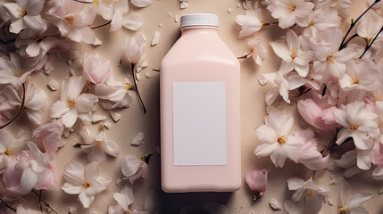 Pink plastic bottle with a blank white label on a cream beige background strewn with flowers. Free space for advertising text. - obrazy, fototapety, plakaty