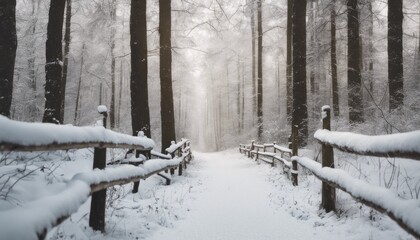 A snowy forest path with blank signposts along the trail, ideal for inserting motivational or holiday-themed text
