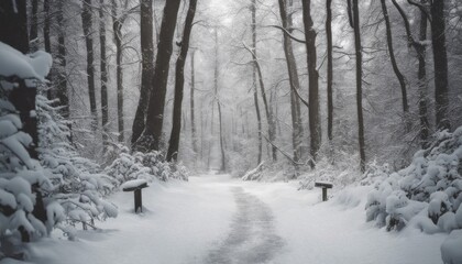 A snowy forest path with blank signposts along the trail, ideal for inserting motivational or holiday-themed text