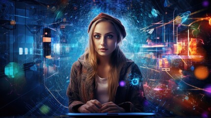 internet, futuristic, metaverse, innovative, technology, Digital technology, internet network connection, big data, digital marketing IoT internet of things. Woman using modern computer.