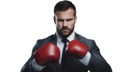 businessman wearing a suit and boxing gloves. Isolated on Transparent background.