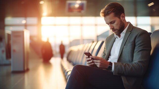 Business man using mobile phone to book plane ticket through online application, sitting on travel checking travel time on board at airport, travel, payment, due, booking, online, check in.