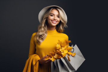 Beautiful woman in hat with shopping bag on grey background. Autumn discount and sale concept