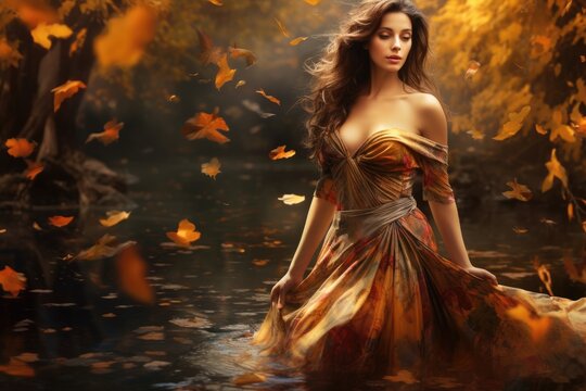 beautiful woman in dress stands in water Stream with autumn Forest background