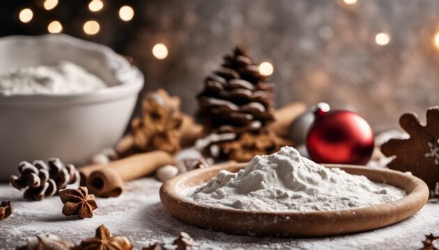 A picture of a holiday baking session with flour, dough, and festive [Blank Space] for recipe details or a message