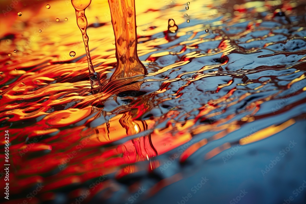 Poster a close up of a water drop with a red and yellow background. generative ai