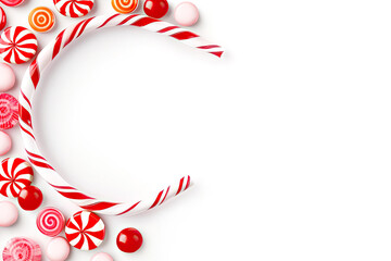 Frame of a swirled New Year's lollipop with dragee candies on a white background. Free space for product placement or advertising text.