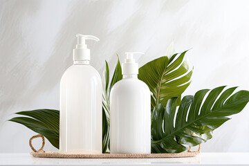 Two white cosmetic bottles with a dispenser on a white table with monstera leaves on the background. Free space for product placement or advertising text.