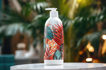 White floral print cosmetic bottle with dispenser on a table with blurred tropical leaves background. Free space for product placement or advertising text. - obrazy, fototapety, plakaty