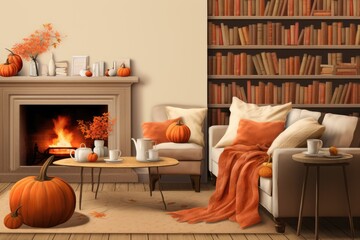 Bright and Cozy Living Room with Fireplace and Halloween Decorations