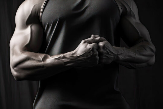 Muscular male torso on a dark background. Banner concept for gym or fitness trainers.