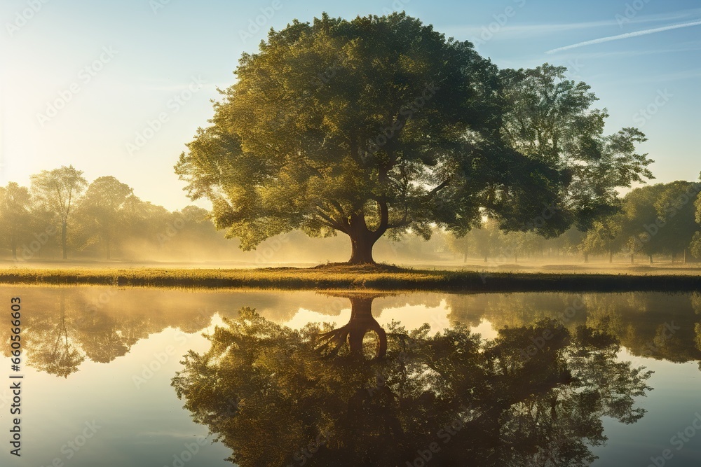 Poster a large tree sitting on top of a lake next to a forest. generative ai