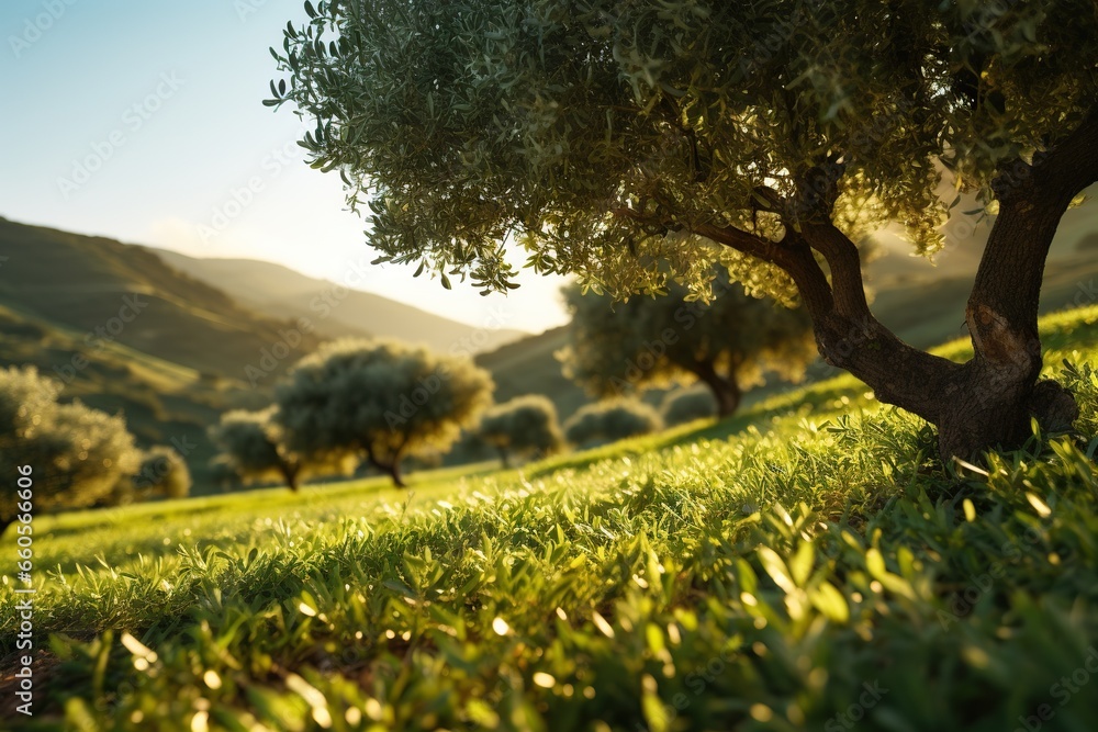 Poster a tree in the middle of a field with mountains in the background. generative ai