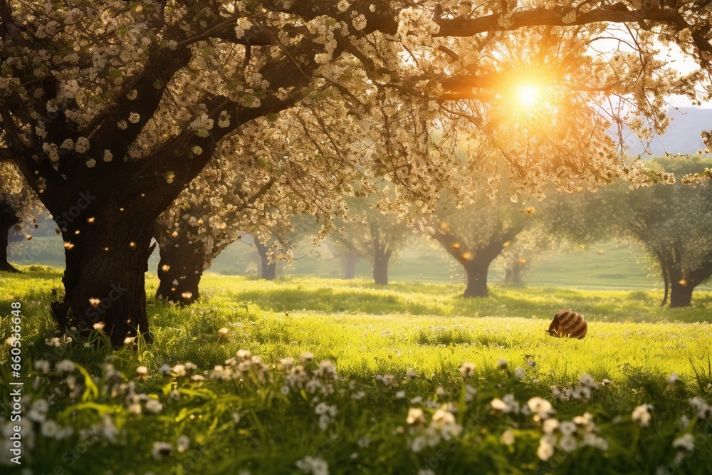 Poster a grassy field with a bunch of trees and flowers on it. generative ai