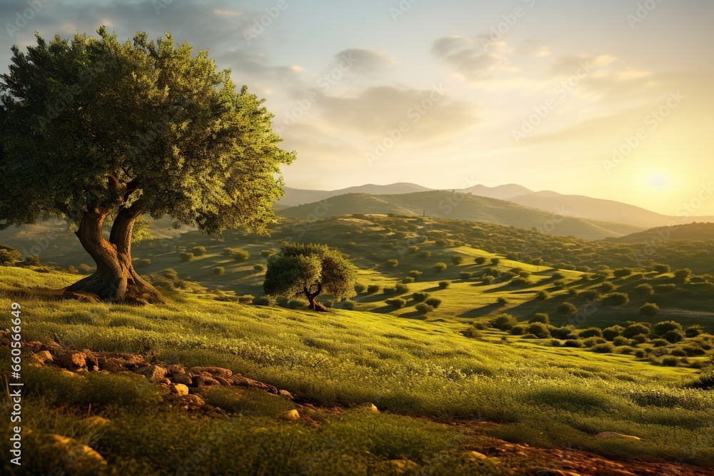Aufkleber a tree in a grassy field with mountains in the background. generative ai