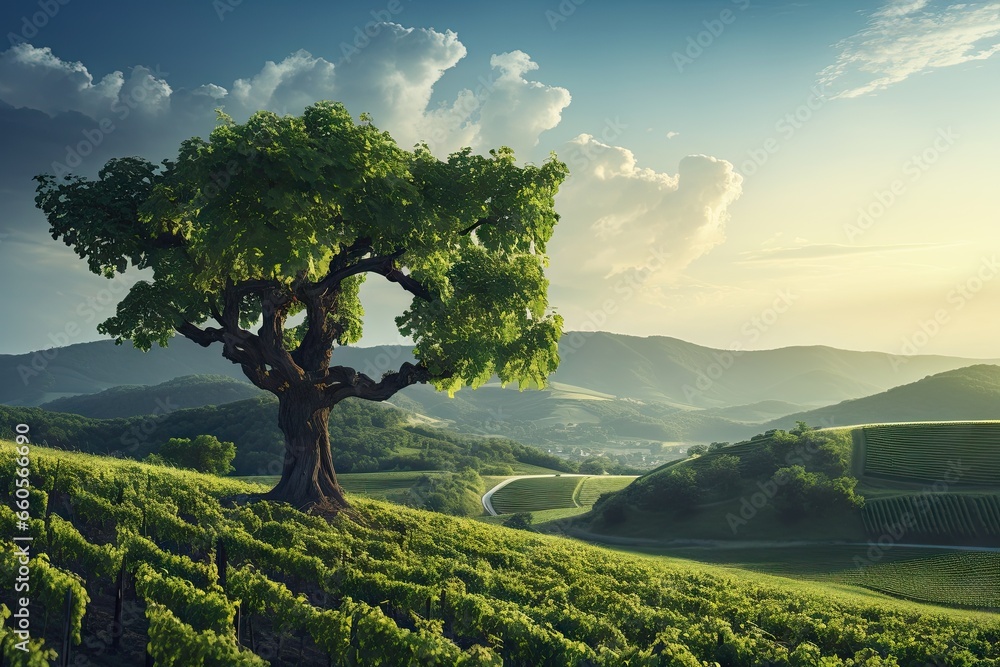 Poster a tree in a field with mountains in the background at sunset. generative ai